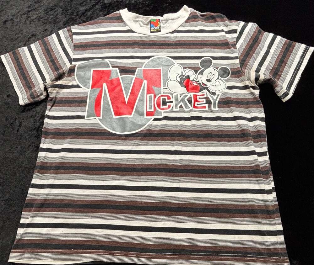 Men XL Vintage 90s Disney Mickey Unlimited Red Black Stripe Tshirt